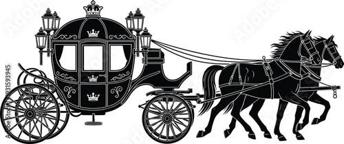 Royal horse drawn carriage vector illustration isolated on white background detailed vintage coach silhouette for classic design