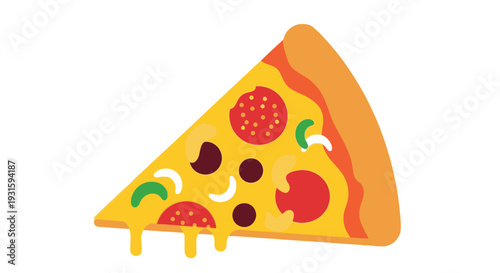 A colorful stylized slice of pepperoni pizza with melting cheese on a white background
