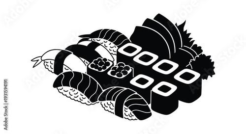 Stylized black and white illustration of sushi rolls and a panda face