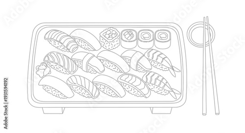 Line drawing of a sushi takeout box with various rolls and chopsticks
