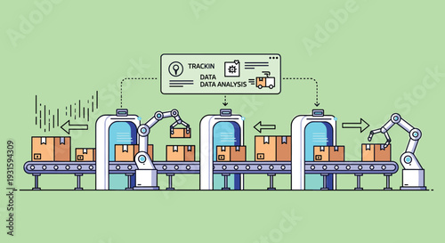 Industrial Automation Process with Robotic Arms and Machines.