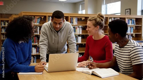 Diverse Group of University Students Collaborating in a Library.