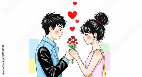 Young Romantic Couple on a Date, Man Giving Flowers to Woman. Cute Anime Style Illustration with Love Hearts.