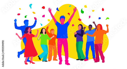 Vibrant Celebration: Diverse Group Cheering and Dancing with Falling Confetti. Joyful Success, Party, and Community Flat Design Illustration.