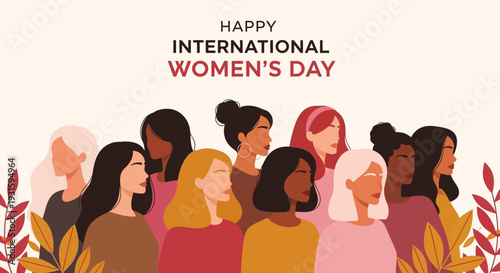 Happy International Women's Day diverse group illustration. Celebrating female empowerment, global unity, and sisterhood.