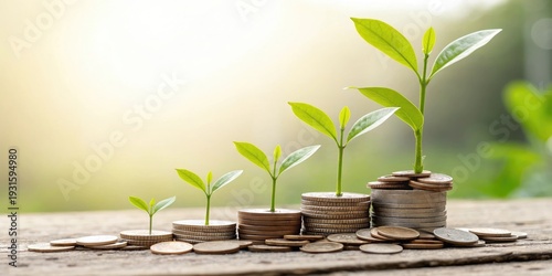 Plant growth from coin stacks on wooden surface