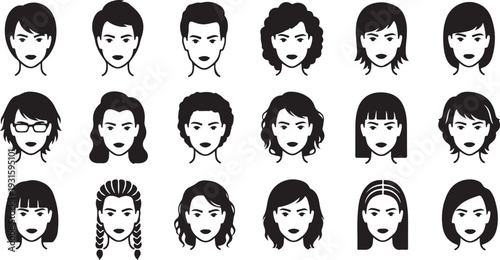 Collection of diverse female face icons in a striking silhouette