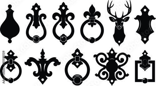 Black Door Knocker Silhouette Set Collection of Antique Architectural Hardware and Ornate Decorative Metal Handle Icons Isolated on White Background for Home Interior Design