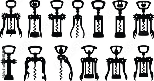 Black Corkscrew Silhouette Set Collection of Wine Bottle Opener Tools and Sommelier Equipment Icons Isolated on White Background for Bar Menu and Kitchen Design