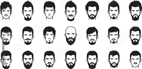 Collection of diverse male facial hairstyles in black silhouette