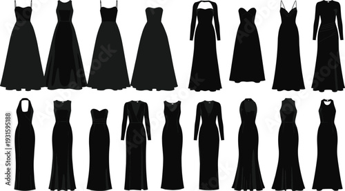 Black Evening Dress Silhouette Set Collection of Elegant Women Fashion Gowns and Formal Apparel Icons Isolated on White Background for Gala Party Design