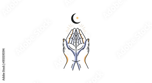 Praying hands with crescent moon vector icon