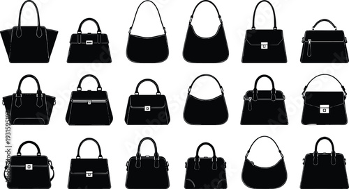 Black Handbag Silhouettes Set Collection of Fashion Women Bags Purses and Accessories Icons Isolated on White Background for Shopping Design and Retail Marketing Projects