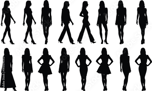 Black Silhouette Set Collection of Fashion Women Models Walking and Posing in Different Outfits Isolated on White Background for Clothing Design and Lifestyle Projects