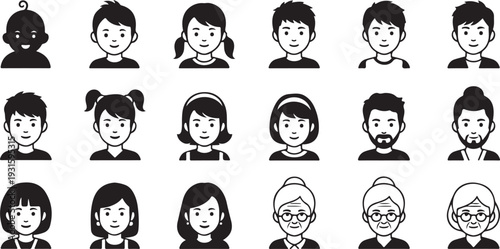 Diverse group of smiling faces depicted as simple icons silhouette