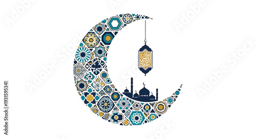 Ramadan crescent moon vector illustration with mosque and lantern