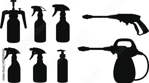 Black Spray Bottle Silhouettes Set Collection of Plastic Trigger Sprayers Garden Pump Sprayers and Pressure Washer Icons Isolated on White Background for Cleaning Service 