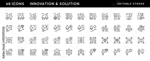 Innovation icon collection. Solution icon set. Idea, creativity, inspiration, thinking, brainstorming, coordination, progress and more. Editable stroke. Pixel Perfect. Grid base 32 x 32.