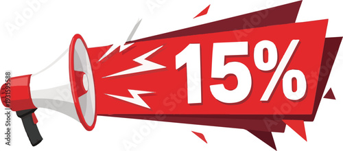 Red Megaphone Announcing 15 Percent Discount with White Text and Lightning Bolts announcement