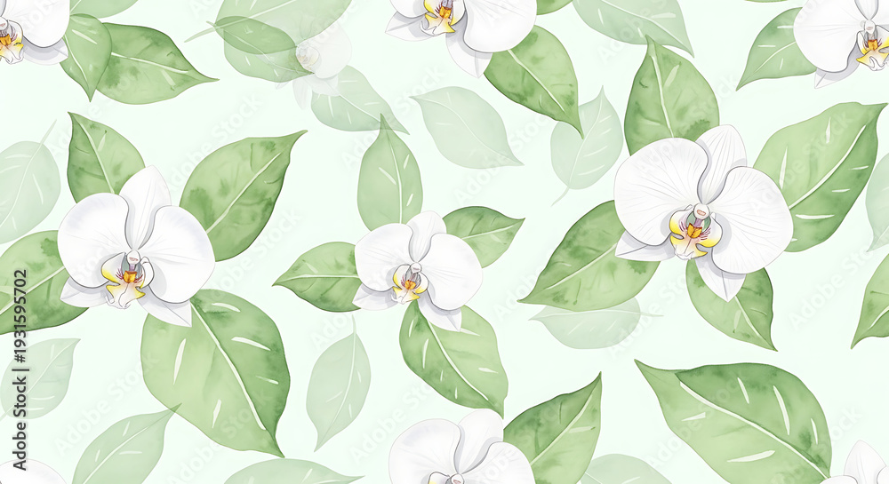 Obraz premium Beautiful white orchids and green leaves on light background