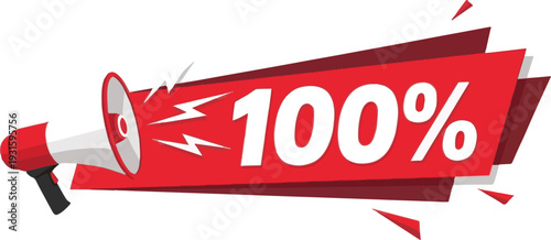 Red megaphone announcing 100 percent offer with lightning bolts and abstract shapes