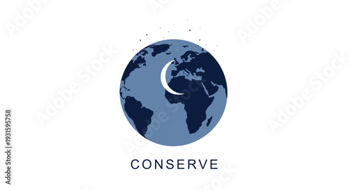 Vector illustration of blue globe with crescent moon and conserve text