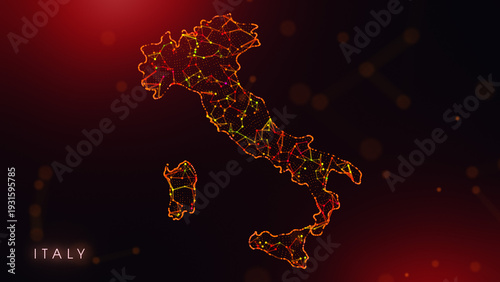 A creative cartography design featuring the Italy country border in a colorful plexus style. Glowing red and orange dots and lines represent digital technology and business communication.