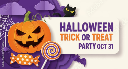 Halloween Trick or Treat Party Banner: Paper Cut Jack-o'-lantern, Black Cat, Bat, Candy & Spooky Elements for October 31st Celebration