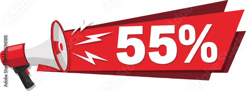 Red Megaphone Announcing Fifty Five Percent Discount Sale With Lightning Bolts 55 percent