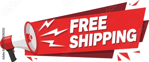 Red Megaphone Announcing Free Shipping with White Text and Lightning Bolts announcement