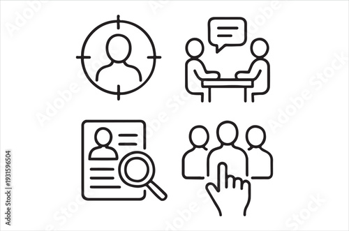 Line art icons depicting recruitment human resources and team collaboration