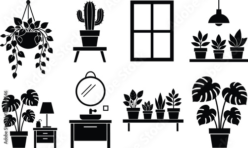 Collection of indoor houseplant silhouettes and home furniture icons featuring monstera cactus hanging plants window vanity and shelving for modern interior design and gardening