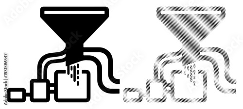 Industrial processing machine with funnel and pipes, symbolizing production and manufacturing.