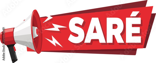 Red Megaphone Announcing " SA RÉ" with Lightning Bolt Graphics announcement promotion