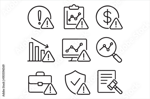 Collection of warning and business related line icons in black and white