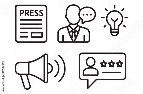 Communication and public relations icons depicting news ideas and outreach