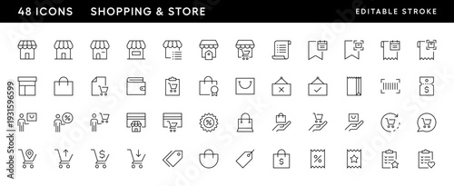 Shopping and store icon collection. Retail icon set. Purchase, store, shopping bag, sale, invoice, price tag, marketplace, gift and more. Editable stroke. Pixel Perfect. Grid base 32 x 32.