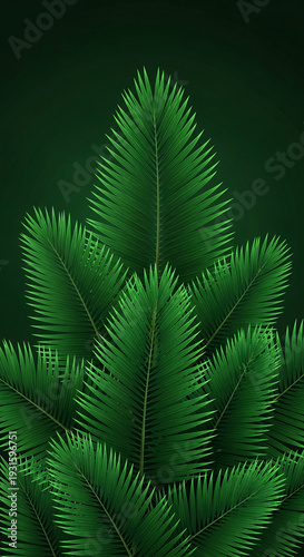 Image of green palm foliage with a dark green background, representing tropical nature, vacation, or botanical themes, ideal for natural or exotic concepts
