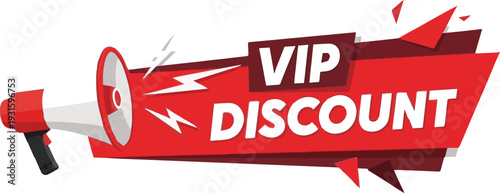 Red megaphone announcing VIP discount with lightning bolts and abstract shapes announcement