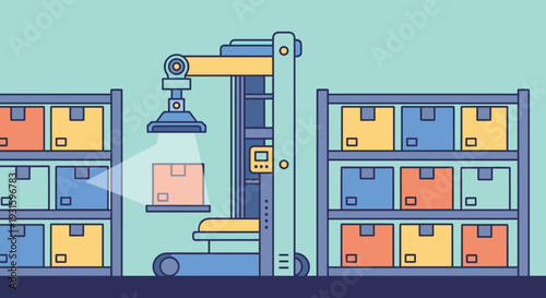 Warehouse Robot Arm Moving Storage Containers.