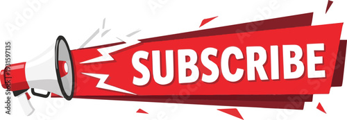 Red Megaphone with Banner Announcing " SUBSCRIBE" in White Text and Lightning Bolts