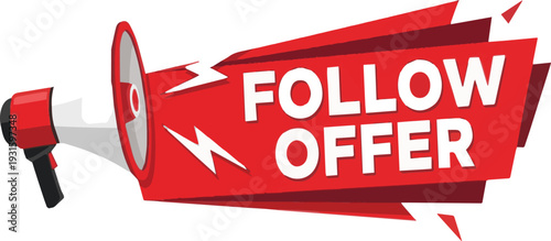 Red megaphone with white text " FOLOWOFER" on a red banner with lightning bolts