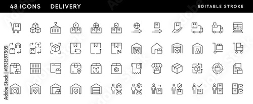 Delivery icon collection. Shipping icon set. Logistics, package box, tracking, supply chain, container, inventory, cargo delivery and more. Editable stroke. Pixel Perfect. Grid base 32 x 32.