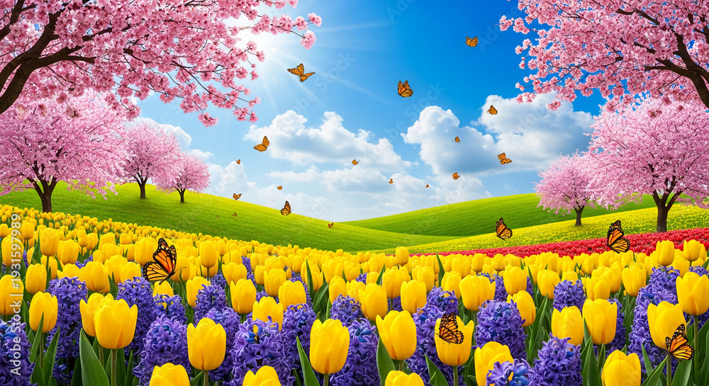 Fototapeta premium Scenic view of yellow tulip and purple hyacinth field with cherry blossom trees and butterflies under a blue sky, representing spring, beauty, and nature