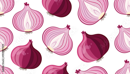 Seamless pattern of whole and half red and purple onions scattered on white background. Flat vector illustration