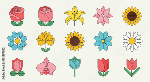 A vibrant collection of floral and star-shaped icons in various colors and styles