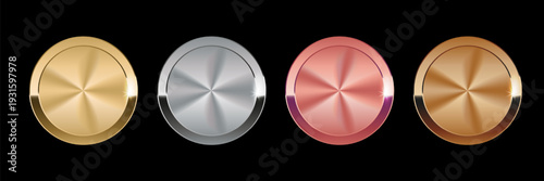 Gold and silver metal circles frames set, Shining metallic 3d circles: gold, silver, bronze, rose gold medals, Sparkling metal rings medals, precious awards badges, buttons on black background.