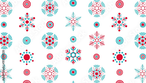 Vibrant red and blue snowflakes on white background for winter designs