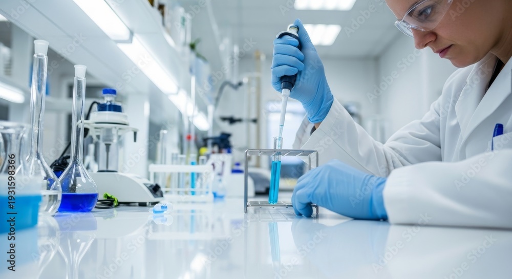 Fototapeta premium Scientist Carefully Pipetting Liquid in Laboratory