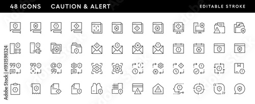 Caution and alert icon collection. Alarm, attention, care, social security, safety, reminder, verification, warning and more. Editable stroke. Pixel Perfect. Grid base 32 x 32.